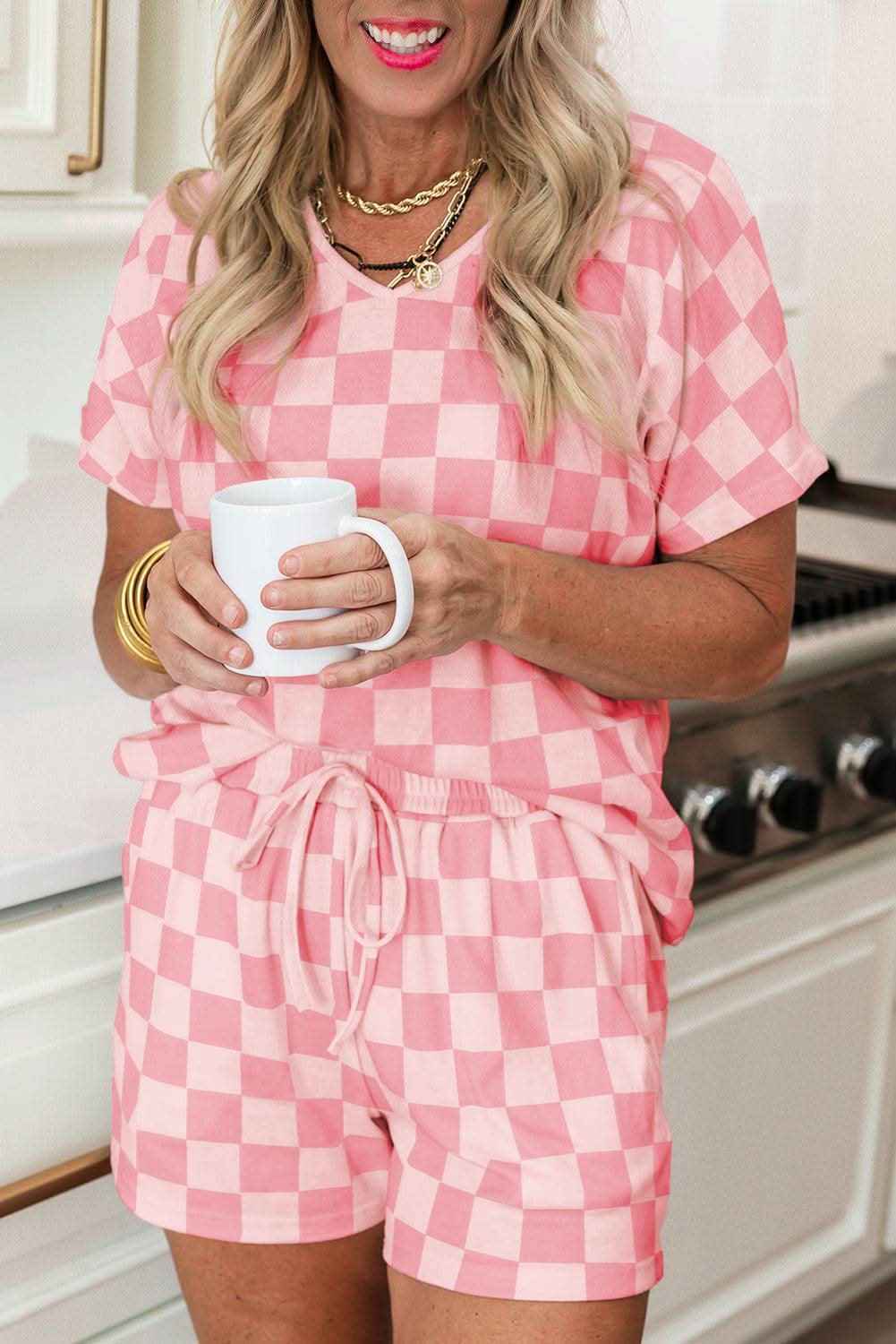 Beige Checkered V Neck Tee Drawstring Shorts Lounge Set