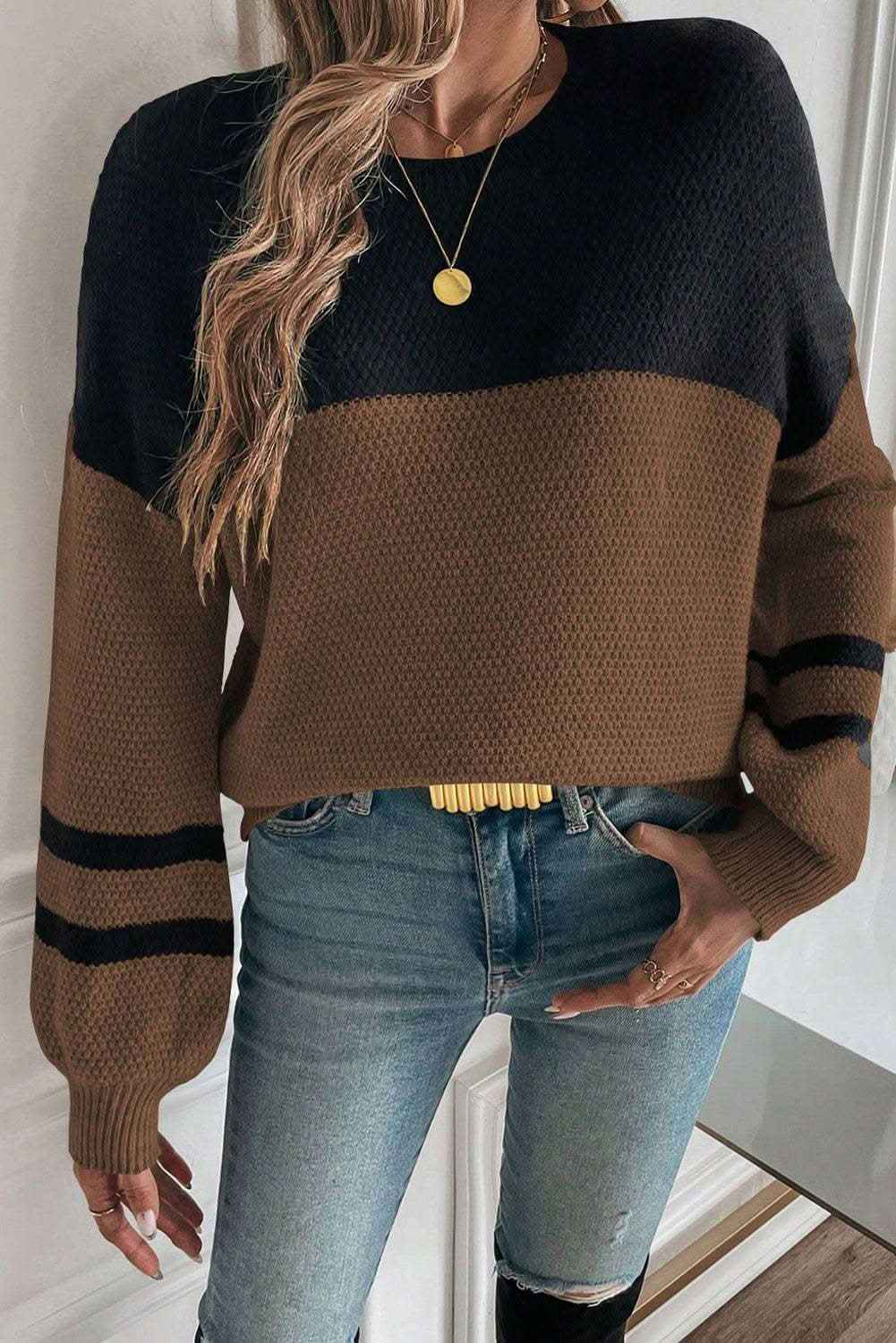 Dark Brown Color Block Knit Striped Sleeve Detail Casual Sweater