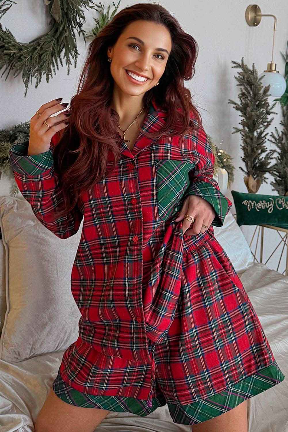 Red Plaid Contrast Patched Christmas Holiday Long Sleeve Shirt and Short 2pcs Pajama Set