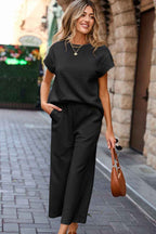 Parchment Solid Color Textured Short Sleeve Top and Casual Pants Set