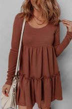 Straw Yellow Ribbed Frilled Trim High Waist Long Sleeve Mini Dress