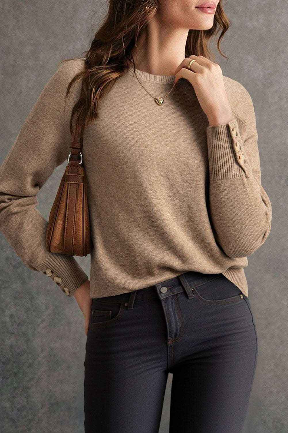 Camel Buttoned Bishop Sleeve Crew Neck Sweater