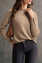 Camel Buttoned Bishop Sleeve Crew Neck Sweater