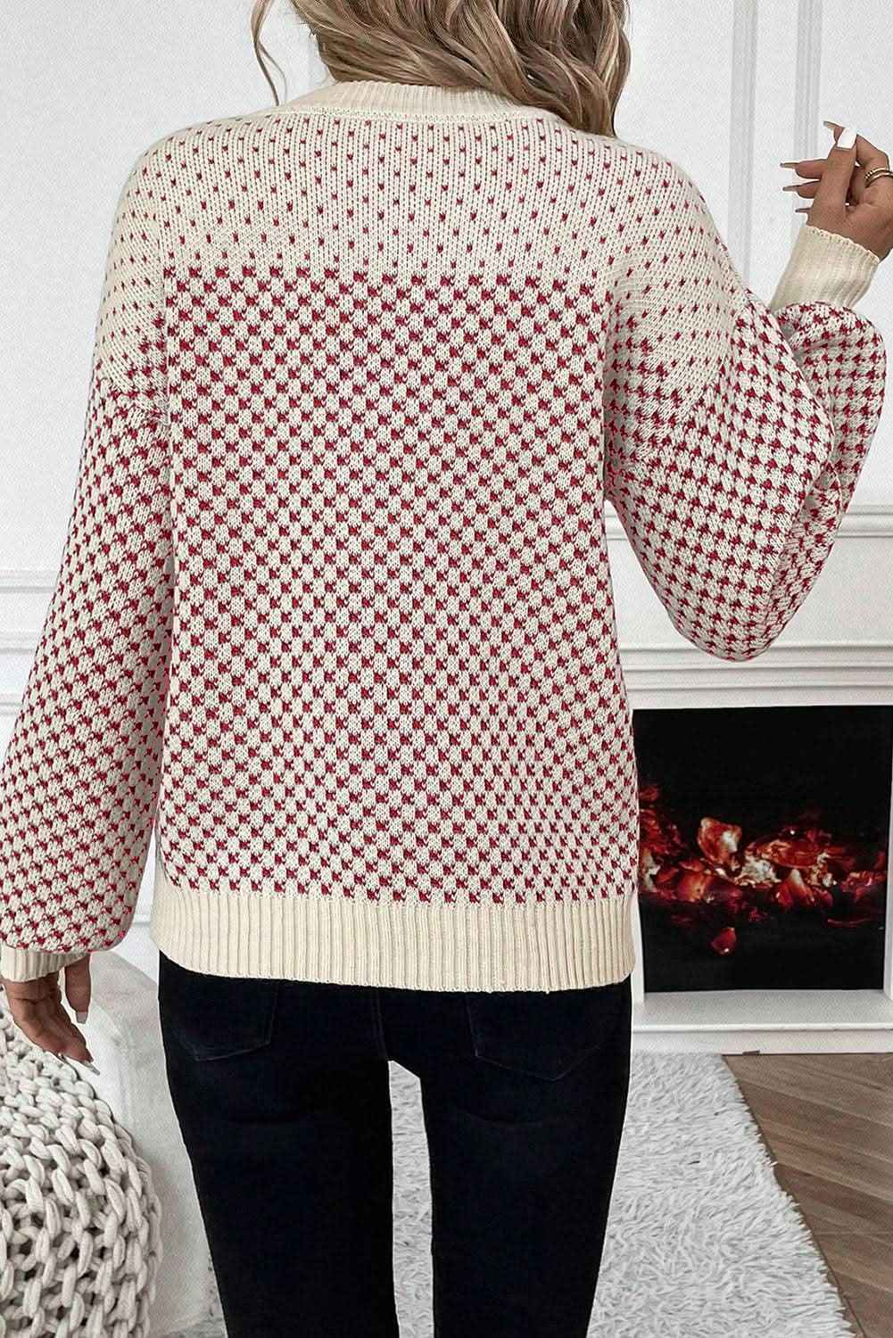 Black Contrast Color Pattern Lantern Sleeve Sweater