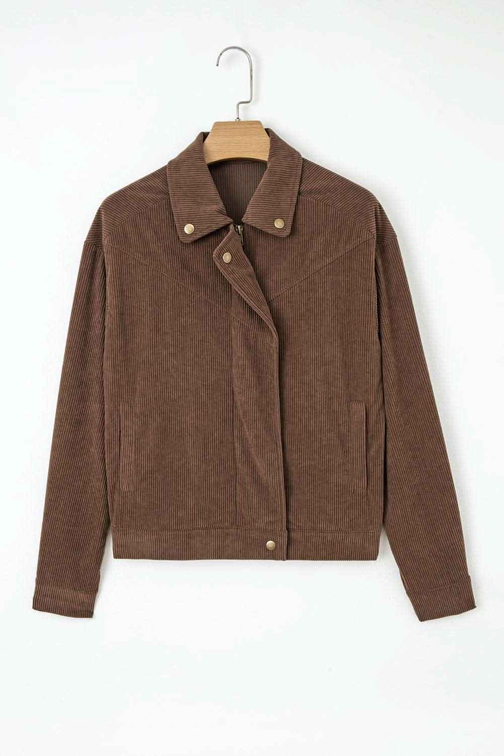 Dark Khaki Button Zip Up Lapel Collar Corduroy Jacket