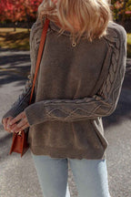 Dark Brown Contrast Cable Knit Sleeve Casual Sweater