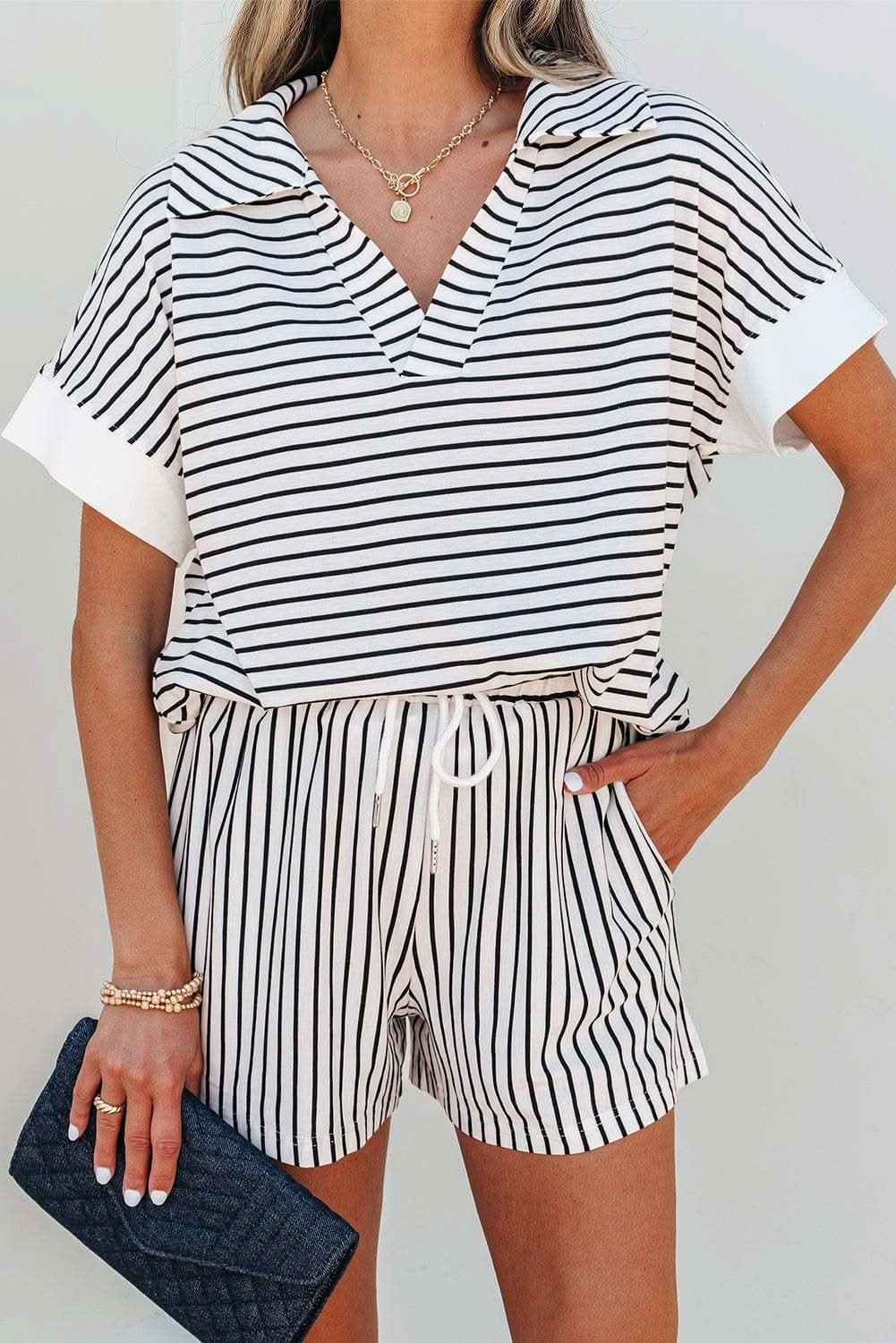 Black Stripe V Neck Tee and Casual Short Set