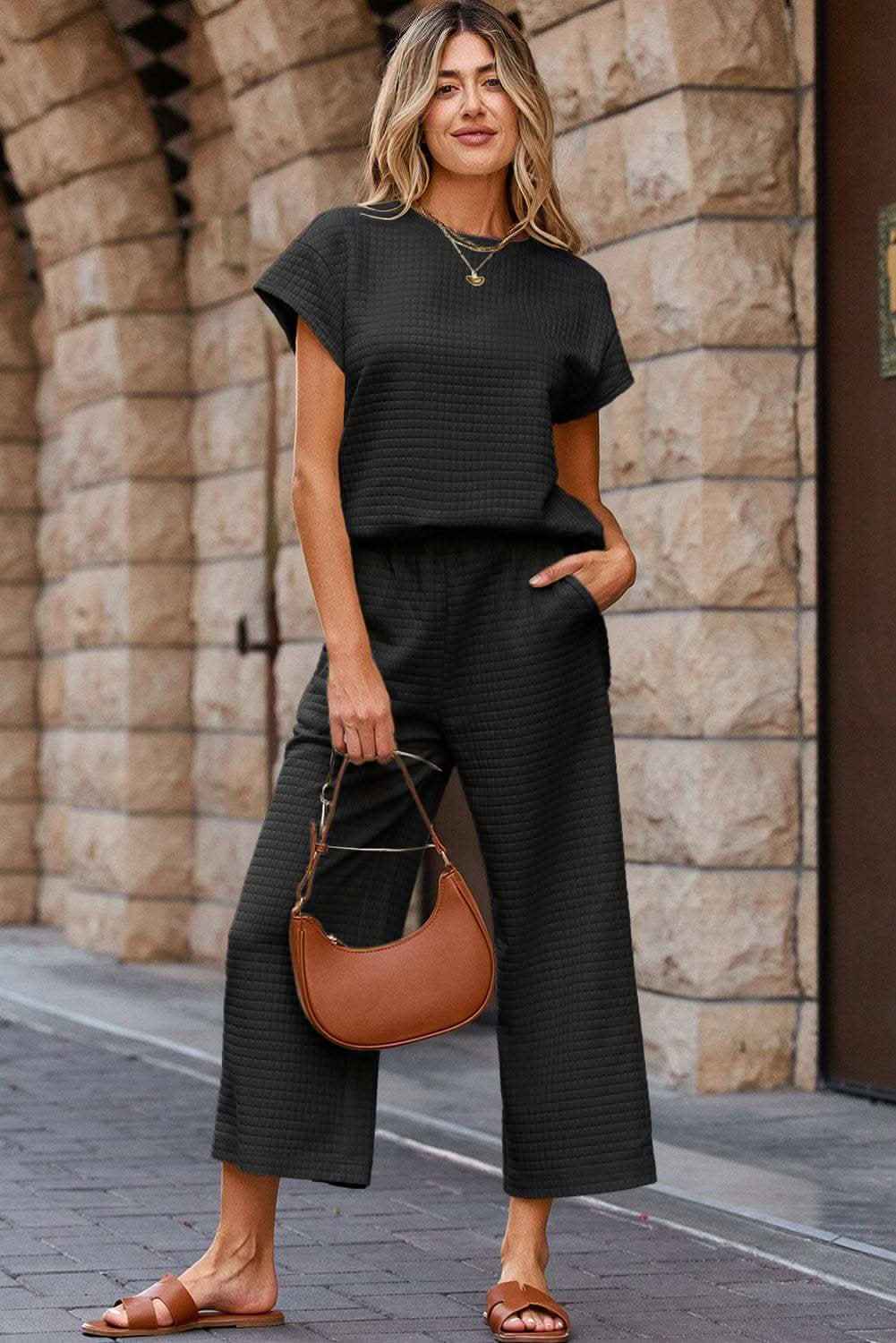 Parchment Solid Color Textured Short Sleeve Top and Casual Pants Set