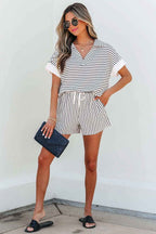 Black Stripe V Neck Tee and Casual Short Set