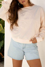 Coffee Raw Edge Flower Patch Drop Shoulder Casual Top