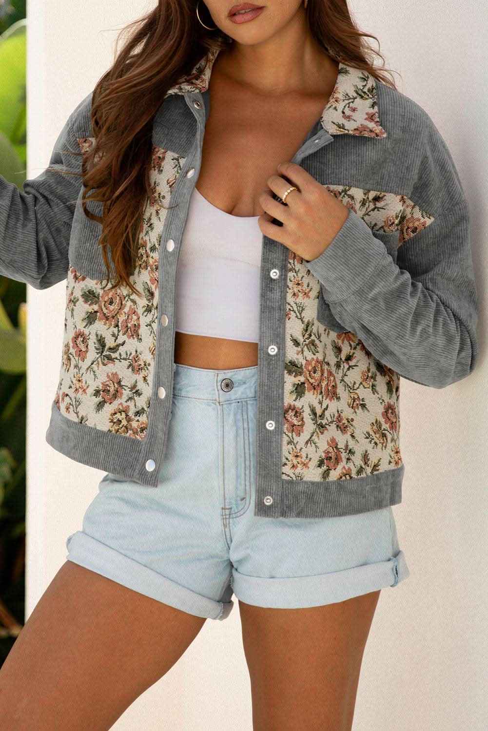 Clay Ribbed Retro Floral Patchwork Shirt Style Jacket