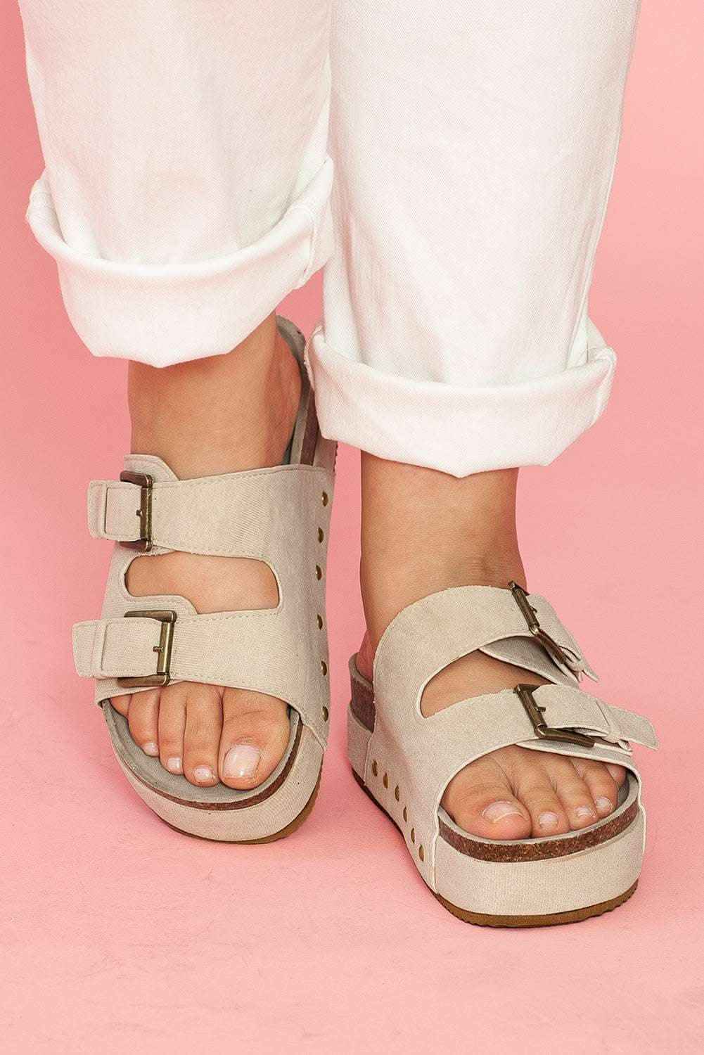 Beige Suede Buckle Decor Footbed Sandal Slippers