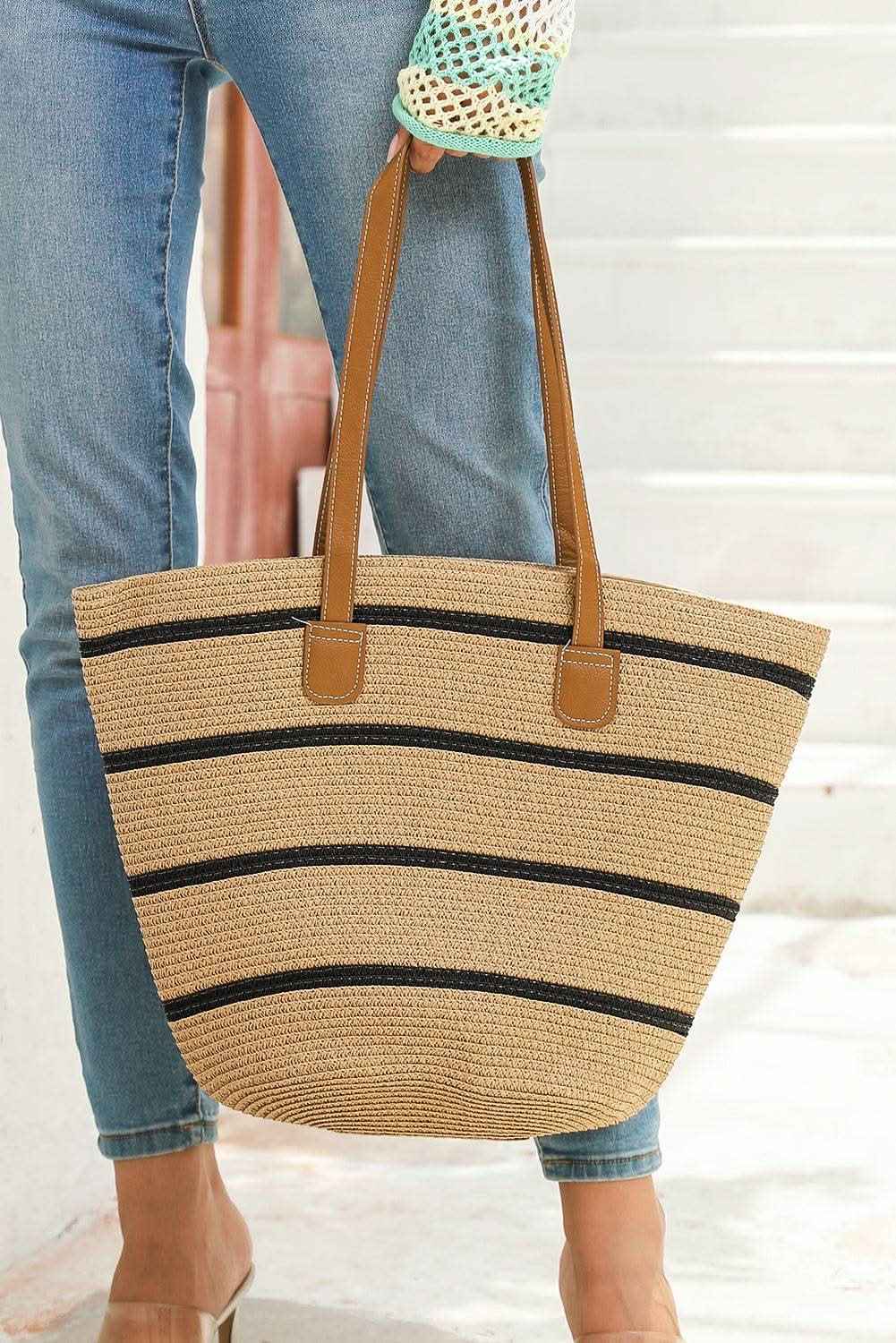 Black Straw Woven Striped Vacation One Shoulder Bag