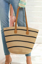 Black Straw Woven Striped Vacation One Shoulder Bag
