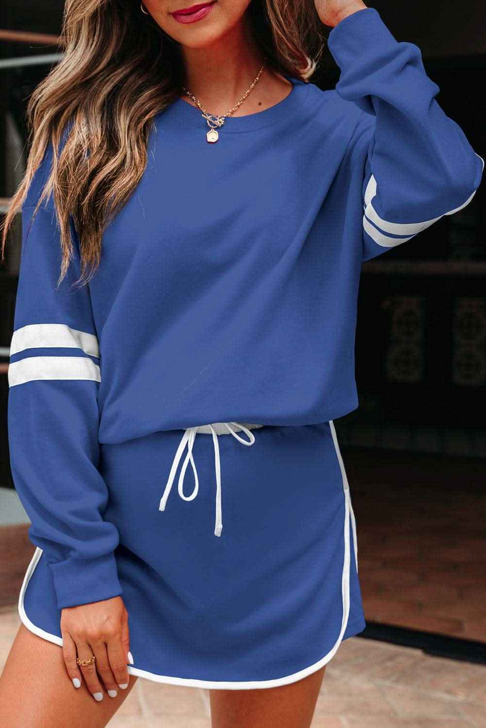 Navy Blue Varsity Stripe Detail Drop Shoulder Pullover Mini Skirt Set