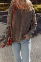 Dark Brown Contrast Cable Knit Sleeve Casual Sweater