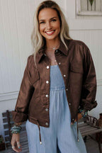 Chicory Coffee Double Flap Pocket Drawstring Hem Leather Jacket