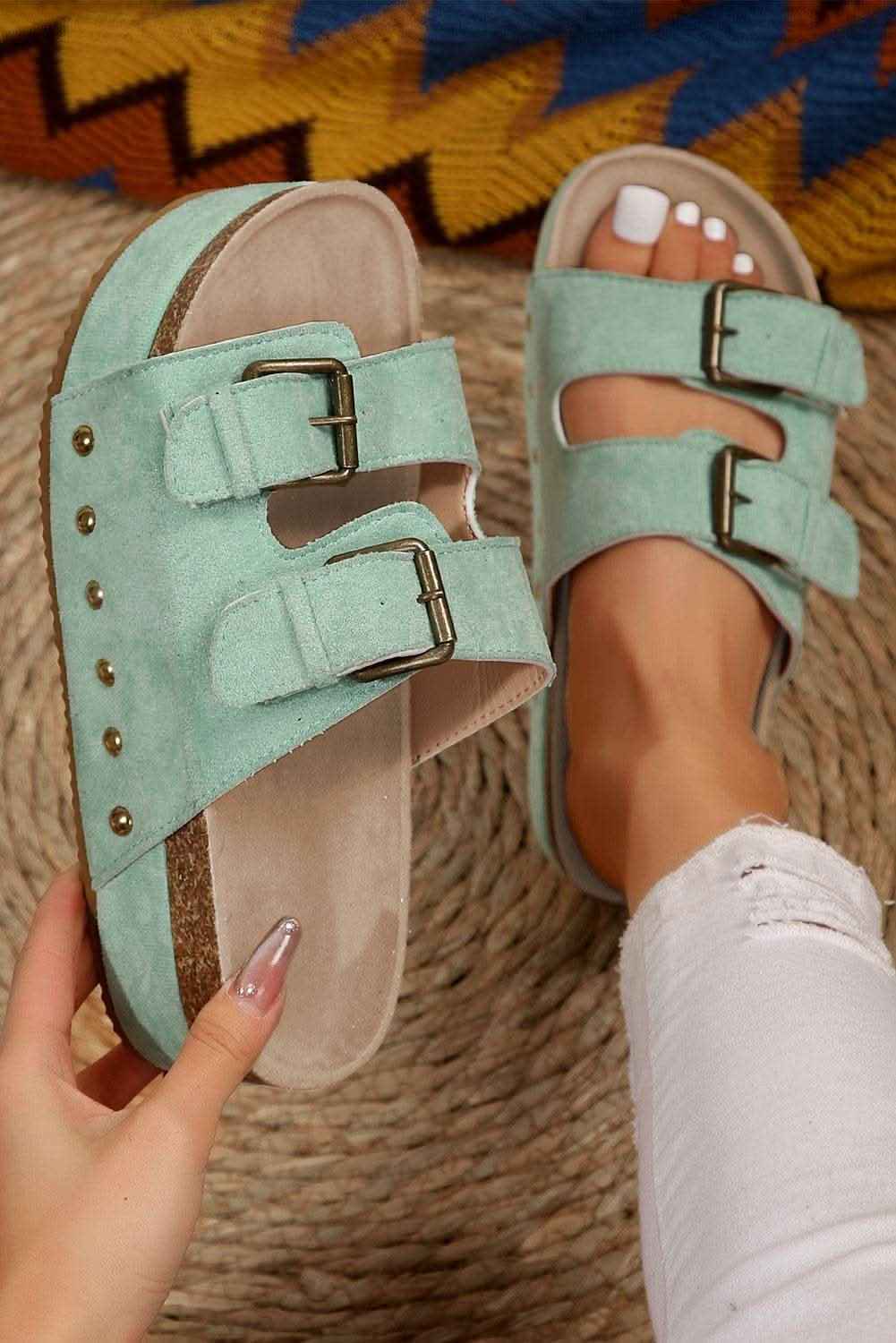 Beige Suede Buckle Decor Footbed Sandal Slippers