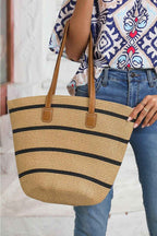 Black Straw Woven Striped Vacation One Shoulder Bag