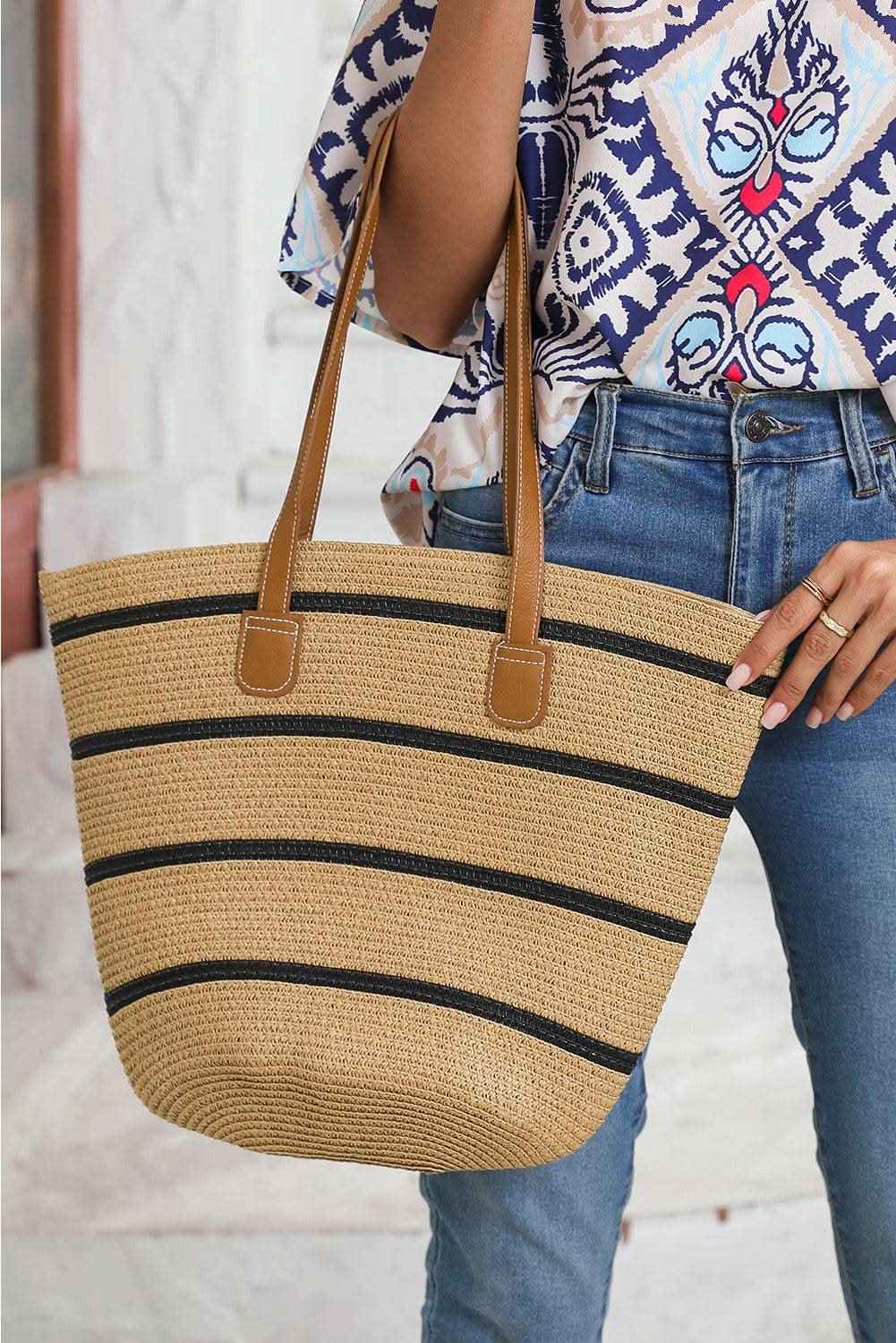 Black Straw Woven Striped Vacation One Shoulder Bag