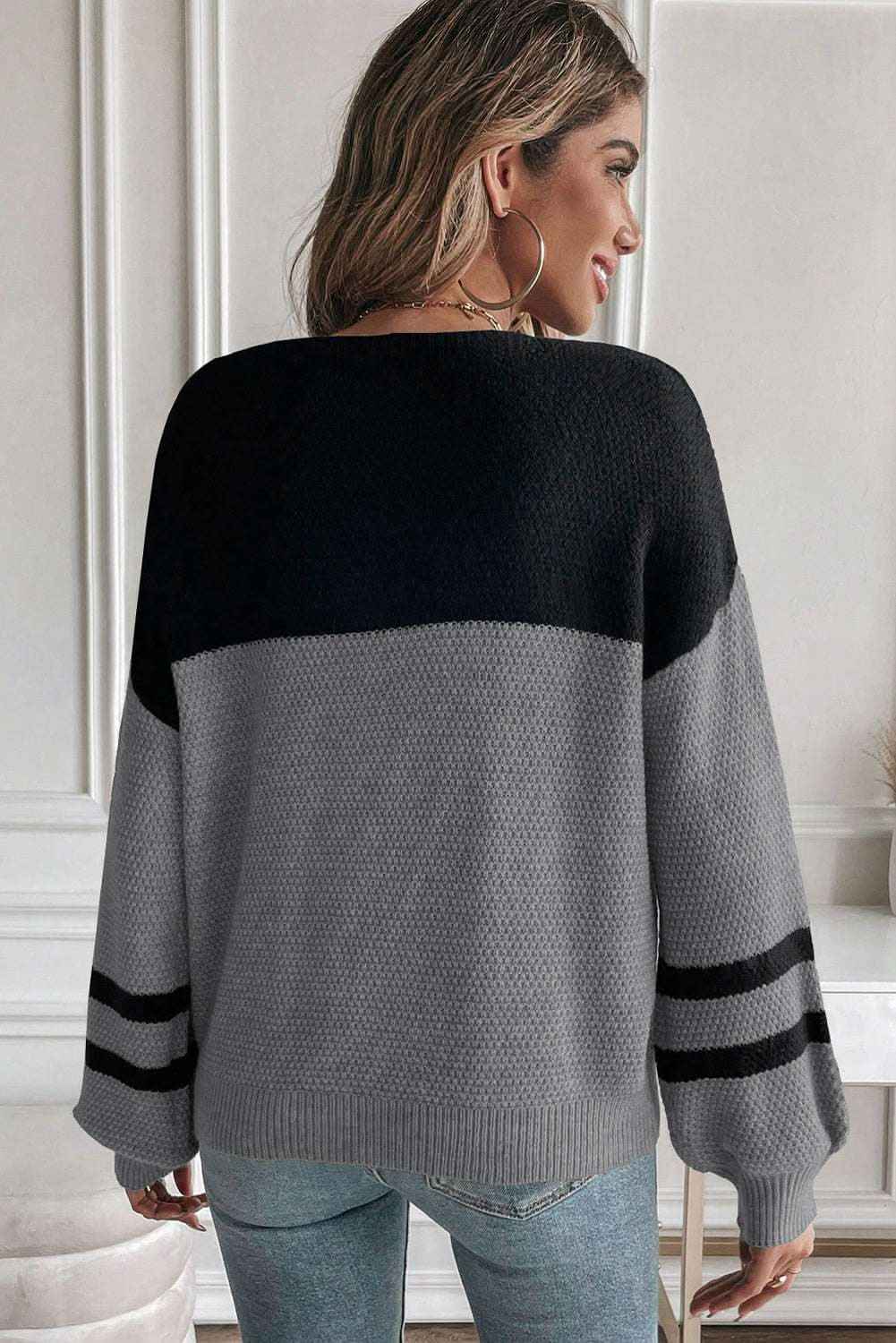 Dark Brown Color Block Knit Striped Sleeve Detail Casual Sweater
