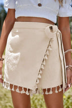 Apricot tassel trim wrap knot side bohemian style mini skort