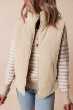 Coffee Corduroy Stand Neck Zipped Puffer Vest
