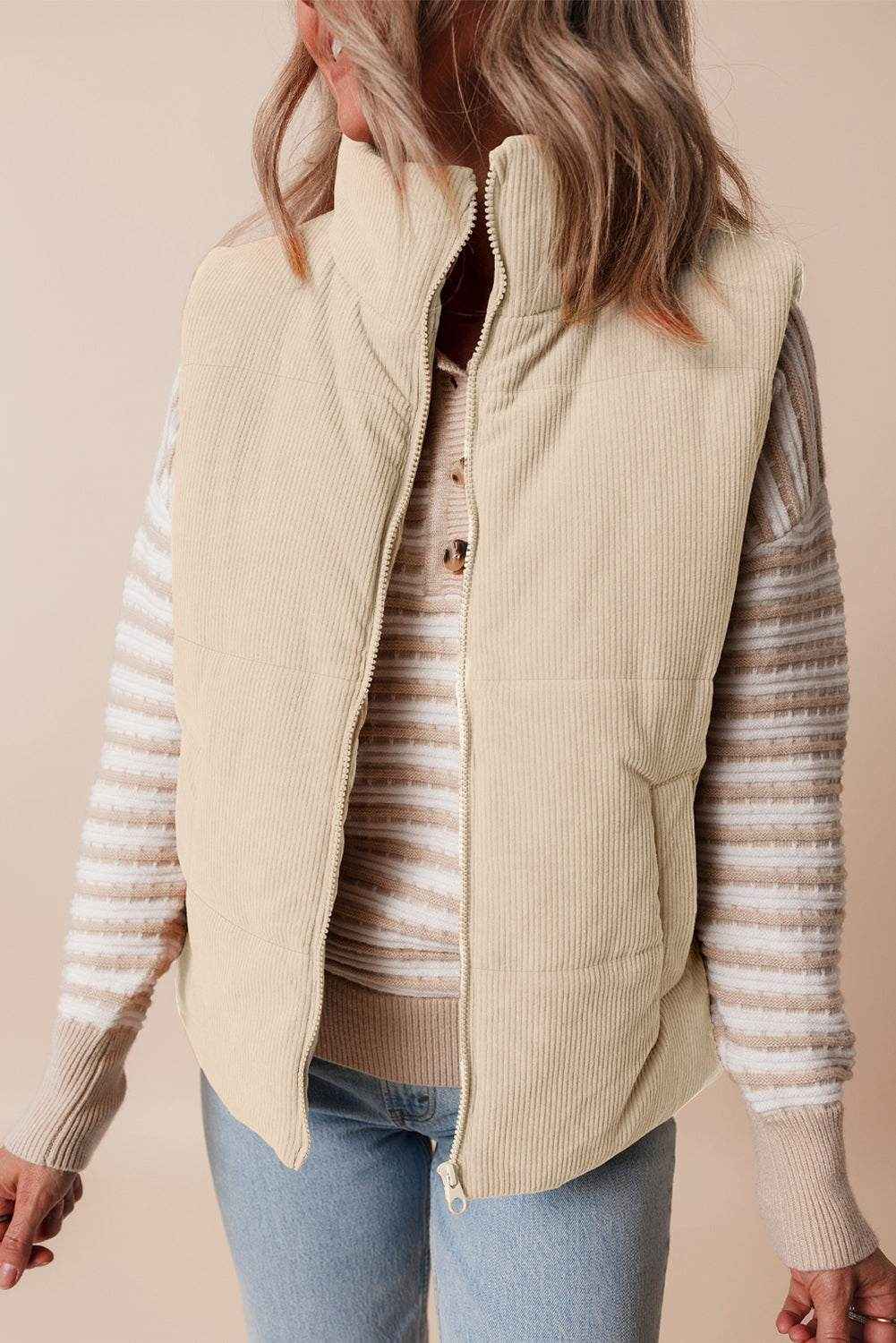 Coffee Corduroy Stand Neck Zipped Puffer Vest