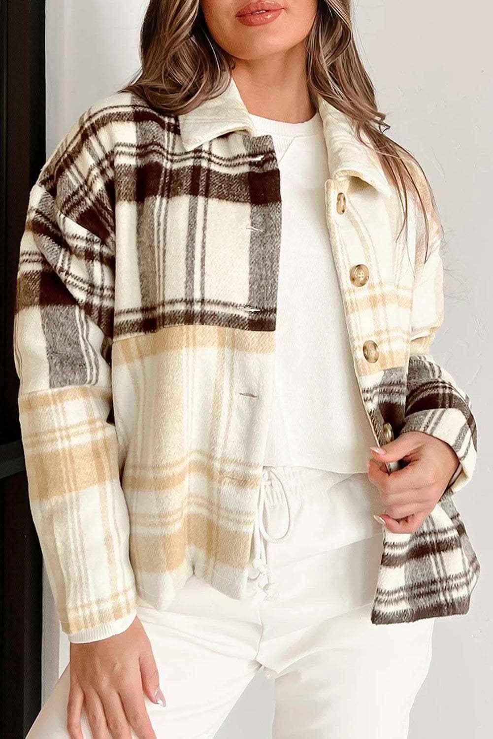 Multicolour Plaid Patchwork Side Pockets Buttoned Shacket