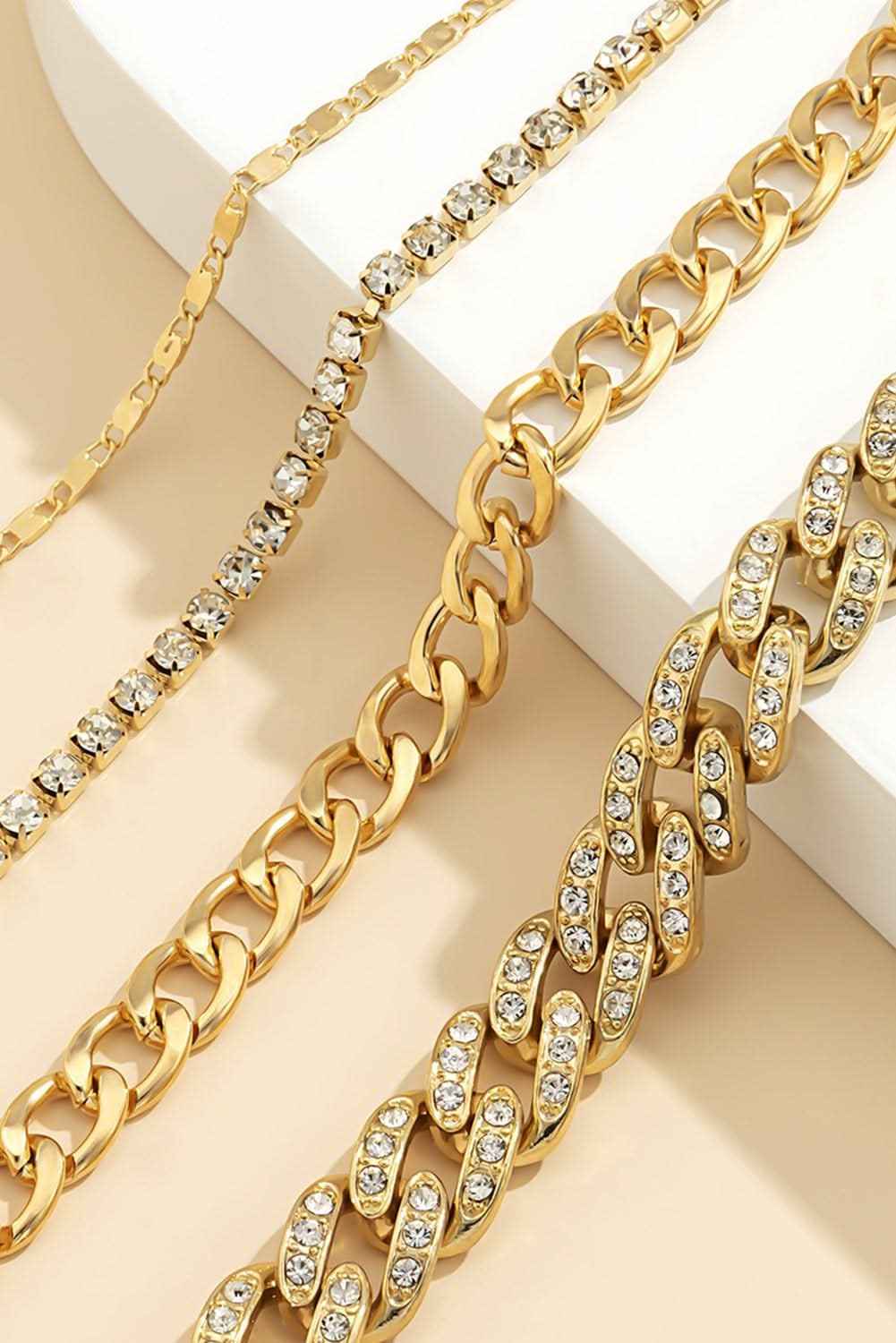Gold 4pcs Rhinestone Decor Adjustable Chain Plated Bracelet Set