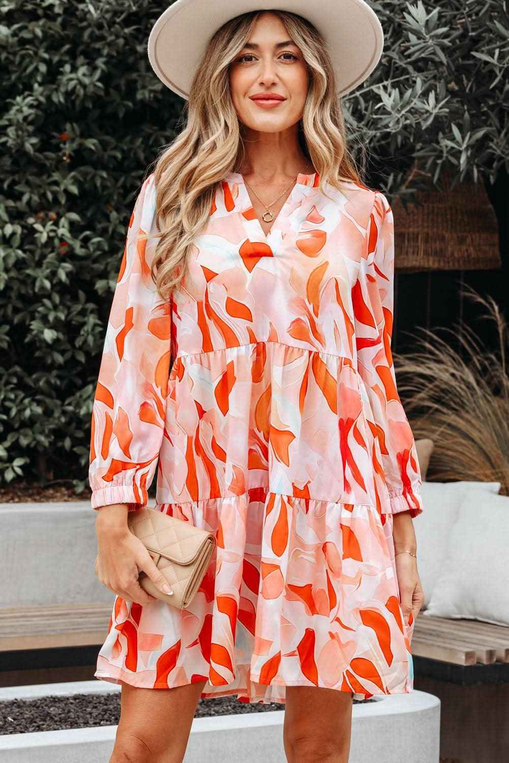 Orange Abstract Print Split Neck Long Sleeve Dress