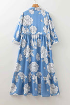 Sky Blue Floral Print Shirt Collar Button Down 3/4 Sleeve Ruffle Hem Long Dress