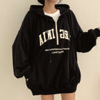 Black loose-fit women's letter hoodie with front zipper and pockets, casual cotton everyday wear for teenagers