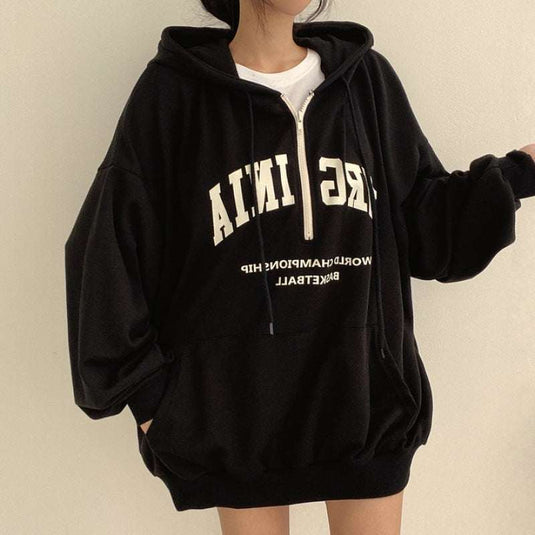 Black loose-fit women's letter hoodie with front zipper and pockets, casual cotton everyday wear for teenagers