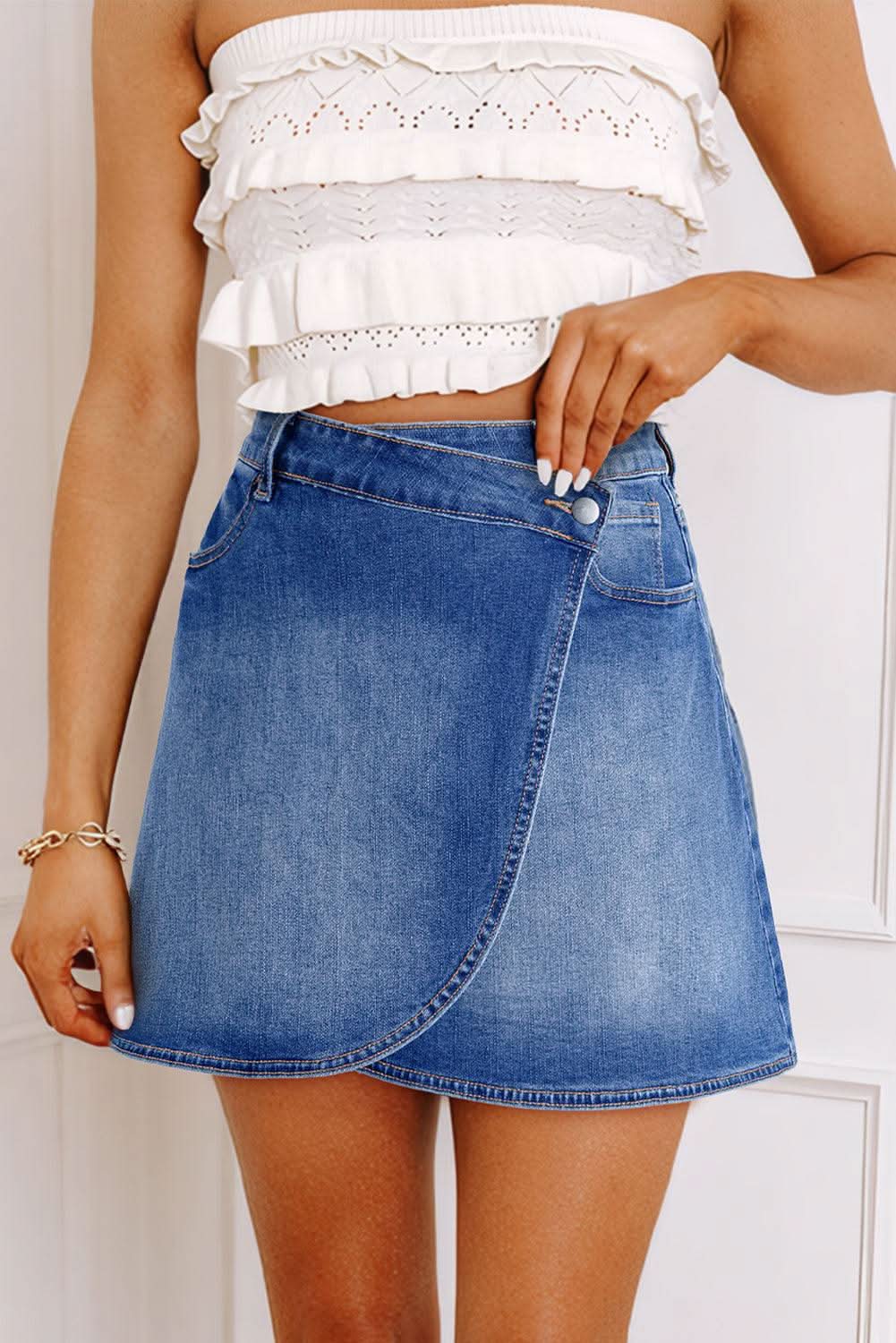 Ashleigh Blue Wrapped Crossed Waist Denim Mini Skirt styled with white ruffled crop top