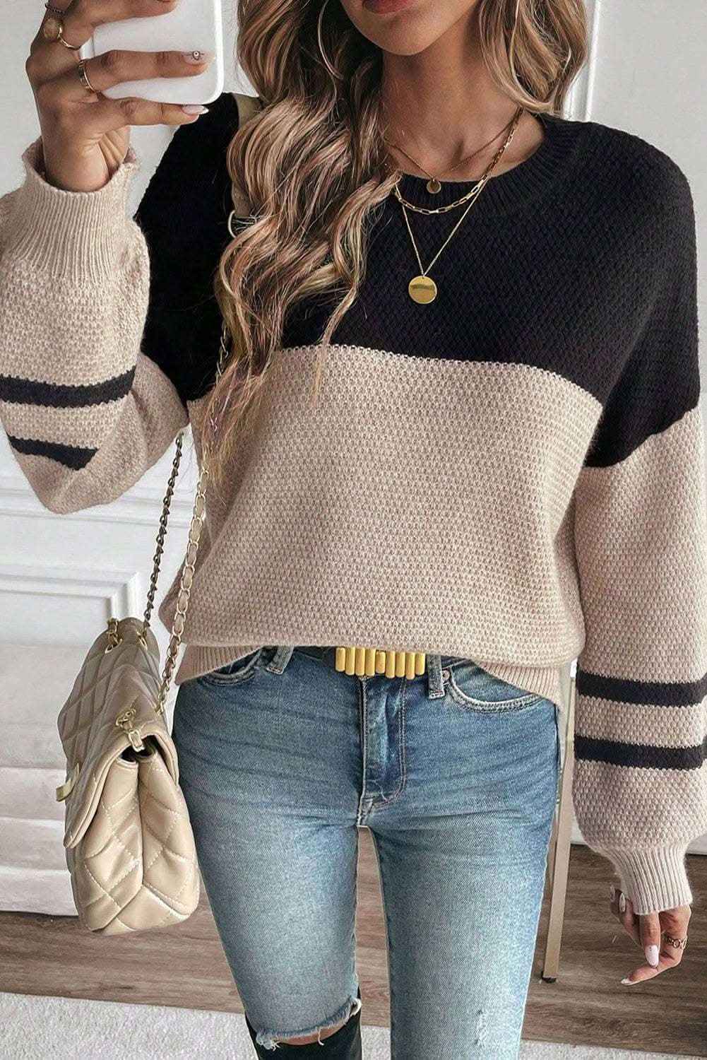 Dark Brown Color Block Knit Striped Sleeve Detail Casual Sweater