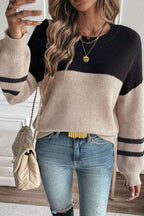 Dark Brown Color Block Knit Striped Sleeve Detail Casual Sweater