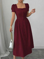 Women’s burgundy square neck puff sleeve midi dress with decorative buttons and no stretch polyester fabric