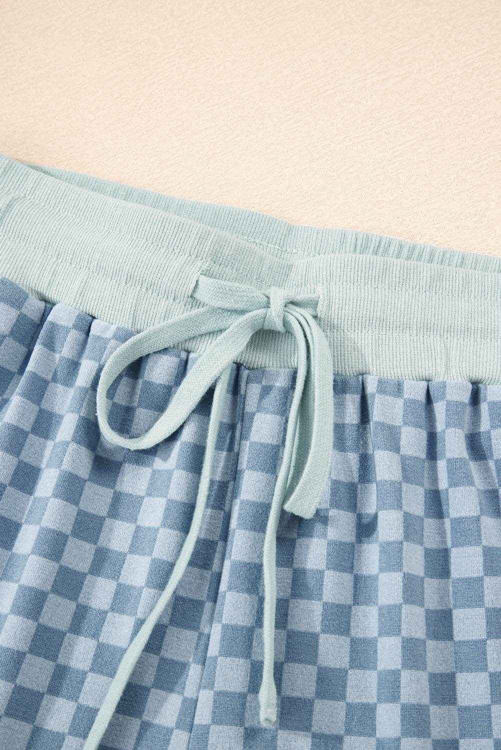 Sky Blue Checkerboard Long Sleeve Pullover and Shorts Set