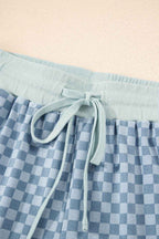 Sky Blue Checkerboard Long Sleeve Pullover and Shorts Set