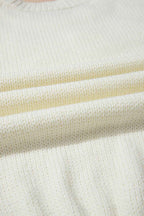 White Flower Detail Round Neck Contrast Textured Puff Sleeve Sweater