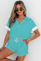 Black Stripe V Neck Tee and Casual Short Set