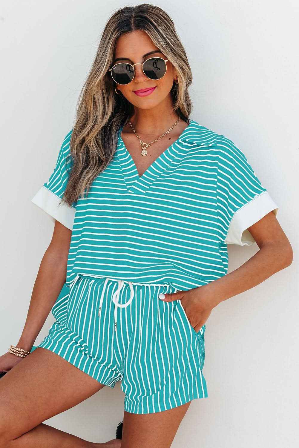 Black Stripe V Neck Tee and Casual Short Set