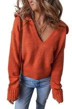 Chestnut Collared V Neck Ribbed Edge Sexy Elegant Sweater