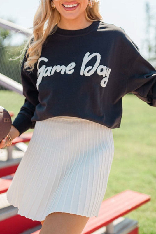 Black chenille sweatshirt with Game Day Graphic and relaxed drop shoulder fit
