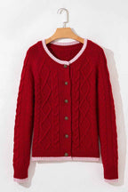 Racing Red Color Contrast Edge Cable Knit Buttoned Cardigan