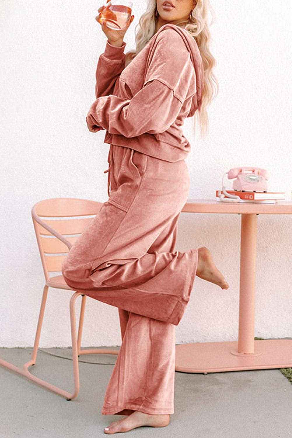 Peach Blossom Velvet Zip-up Hoodie and Wide Leg Pants Set