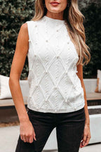 White Pearled High Neck Textured Knit Sweater Vest