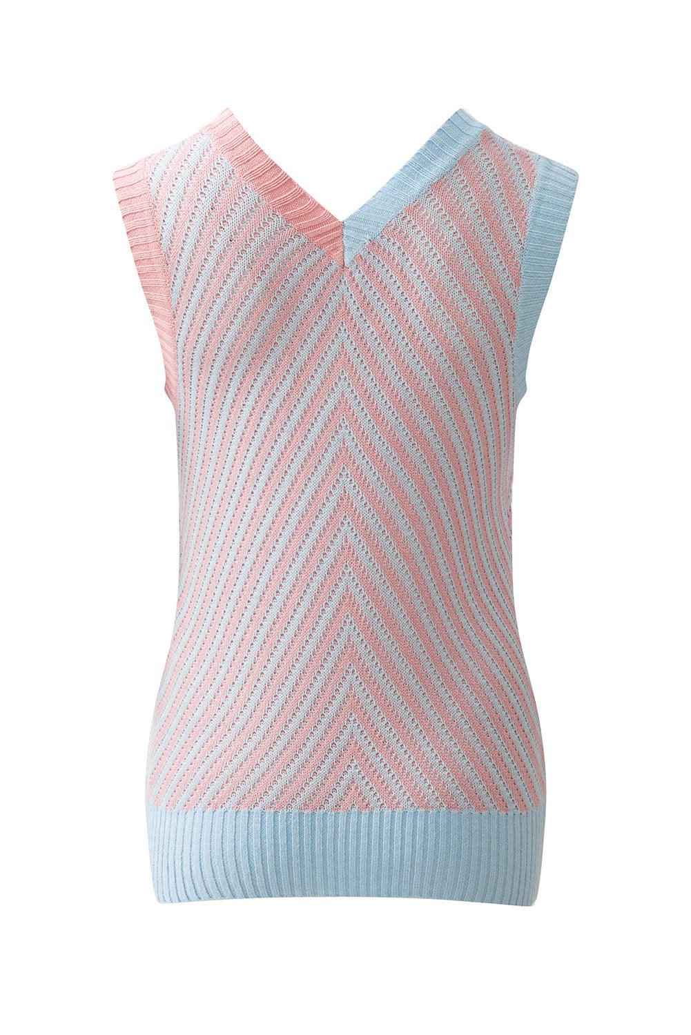Sky Blue Contrast Chevron Knit V Neck Sweater Vest
