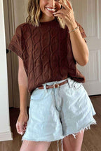 Dark Brown Cable Texture Crew Neck Short Sleeve Sweater Top